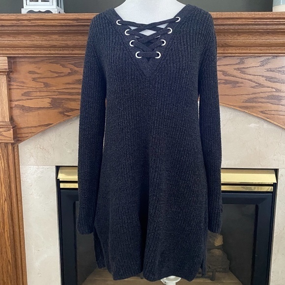 Style & Co.‎ Charcoal Gray Grommet Lace Up Sweater Sz. M - Picture 1 of 10